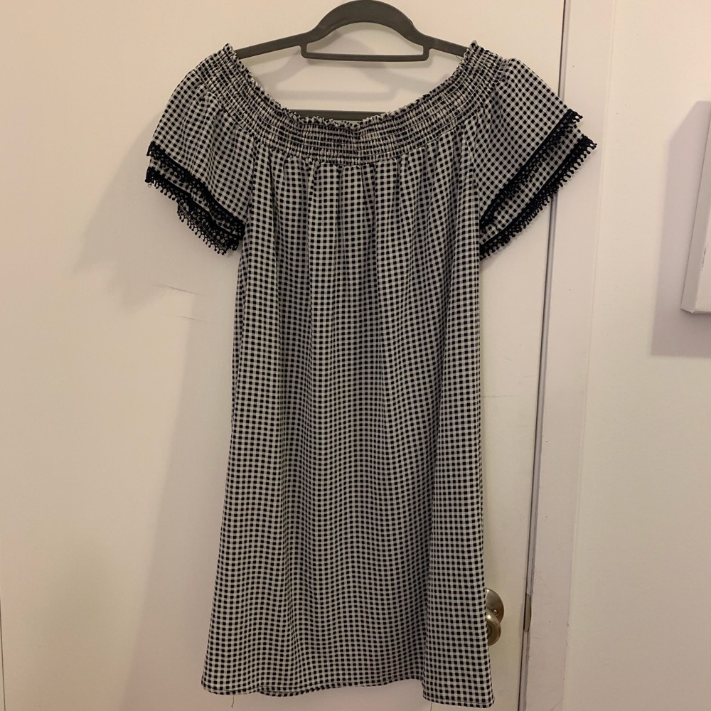 Navy and White check off the shoulder dress